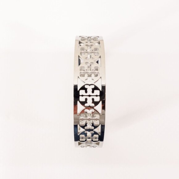Tory Burch TB Gold Logo Cut out Cuff Bracelet Silver OS - Picture 3 of 10